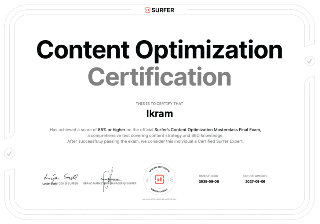Surfer SEO content optimization certification